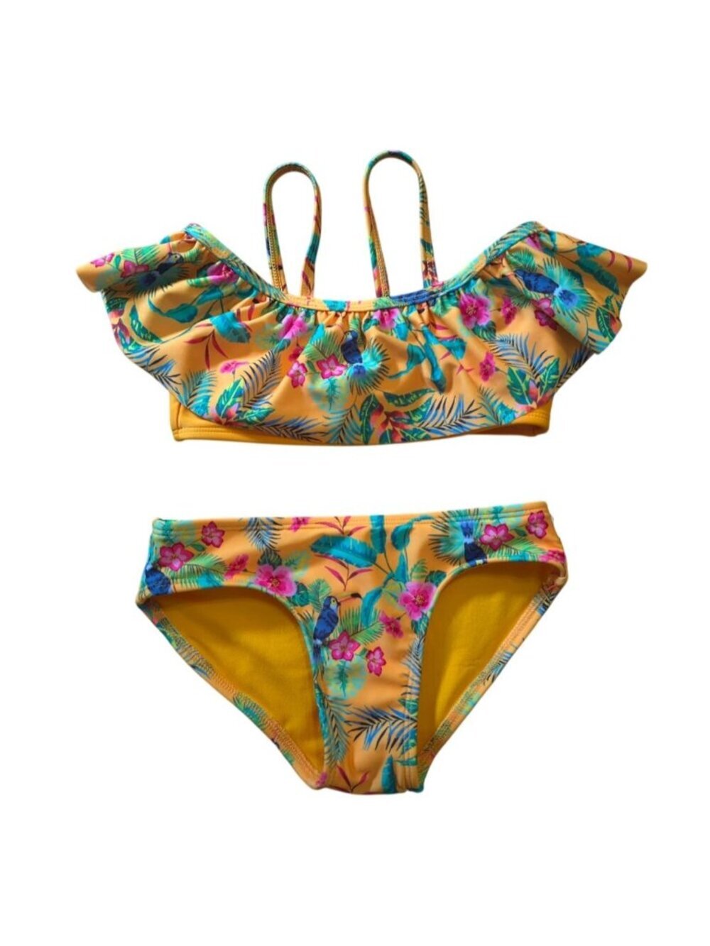 Girls XS 4/5 Floral Ruffle Bikini Set Yellow Tropical Two-Piece Swimsuit NWT.